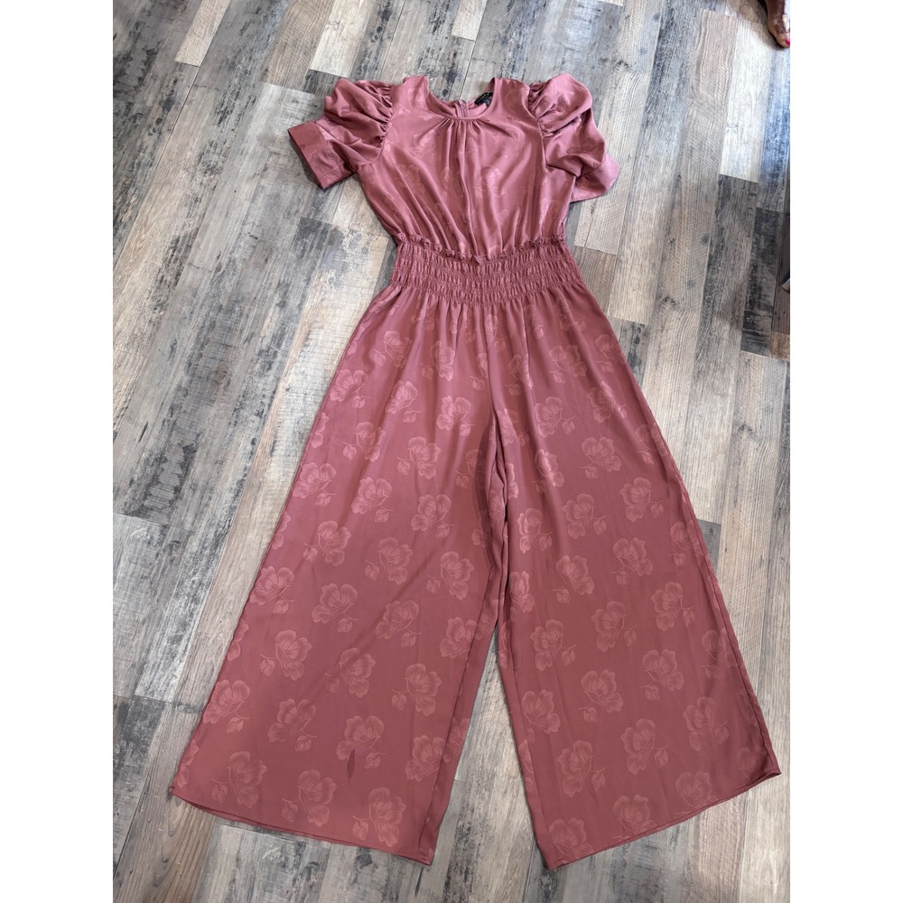 Current Air Mauve Pink Floral Jacquard Puff Sleeve Wide Leg Jumpsuit Romantic M